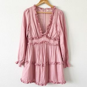 Francesca’s Mi Ami Pink V-Neck Long Sleeve Ruffle Tiered Mini Dress